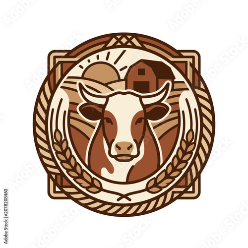 Vintage circular dairy cow farm logo
