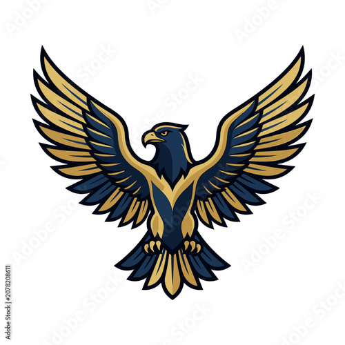 Detailed gold and blue eagle mascot with open wings.