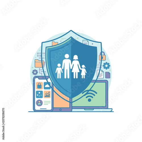 Family insurance and cybersecurity shield icon.