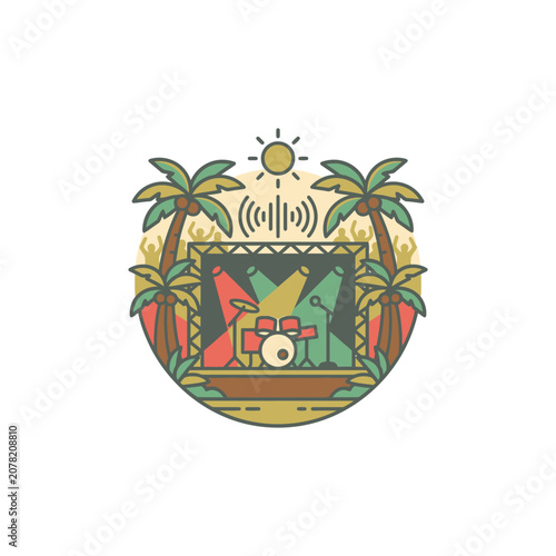 Tropical outdoor music stage with palm trees and sun.