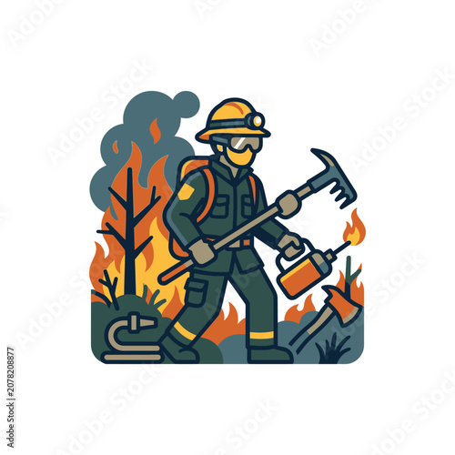 Firefighter battling a forest fire with equipment.