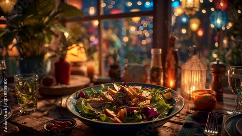 A beautifully composed image of a colorful, fresh salad, brimming with crisp greens, vibrant vegetables, and savory toppings, presented in a dark, textured bowl on a rustic wooden table. 