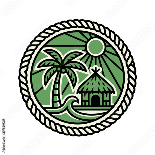 Tropical badge with beach hut.