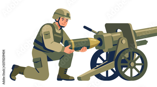 Foto Soldier Loading Artillery Cannon with Ammunition