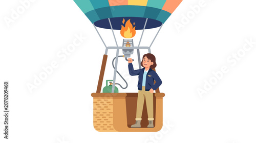 Woman Pilot Igniting Hot Air Balloon Burner in Basket