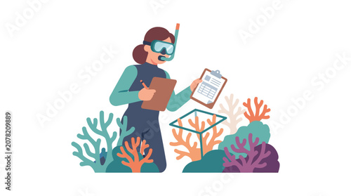 Tableau sur toile Marine Biologist Studying Coral Reefs and Taking Notes