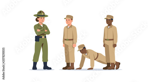 Military Training: Drill Sergeant Supervising Recruits Doing Push-ups