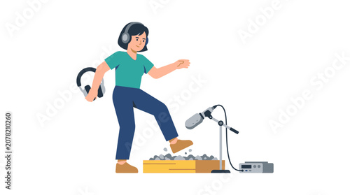 Fotografie Woman making ASMR sounds with microphone and headphones, crushing gravel