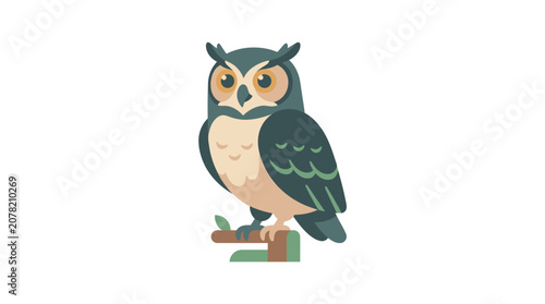 Bilde på lerret Cute Owl Illustration Perched on Branch - Flat Design Style