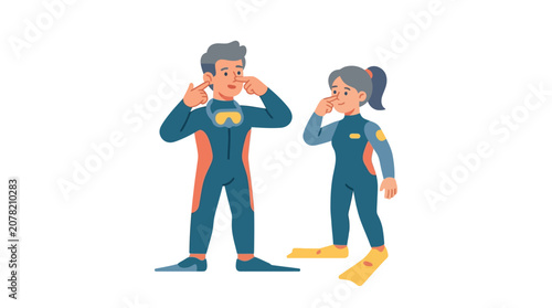 Tableau sur toile Scuba divers in wetsuits with goggles and fins on white background, ready for di