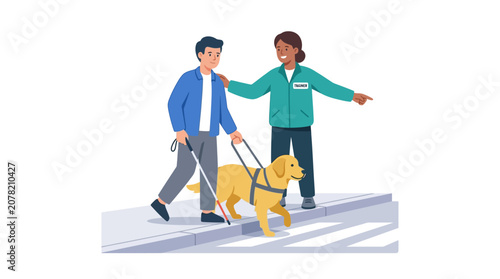 Foto Visually impaired man with guide dog and assistant crossing street