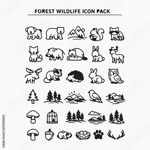 Forest Wildlife Icon Pack – Cute Woodland Animal, Nature, Mountain and Outdoor Line Icons Collection Featuring Bear, Fox, Deer, Rabbit, Raccoon, Owl, Beaver, Trees and Landscape Vector Set