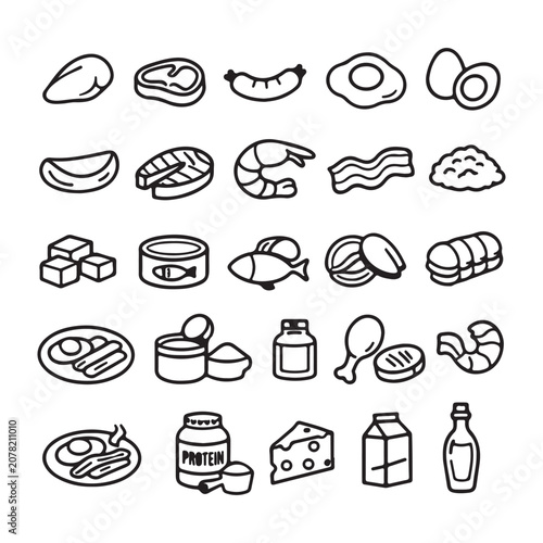 High Protein Food Line Icons Set – Meat, Fish, Eggs, Bacon, Shrimp, Cheese, Milk, Protein Supplement, Seafood and Healthy Nutrition Vector Collection