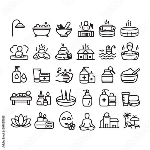 Luxury Spa and Wellness Line Icons Set – Massage, Sauna, Hot Tub, Aromatherapy, Skincare, Body Treatment, Relaxation, Beauty Salon, Resort and Health Care Vector Collection