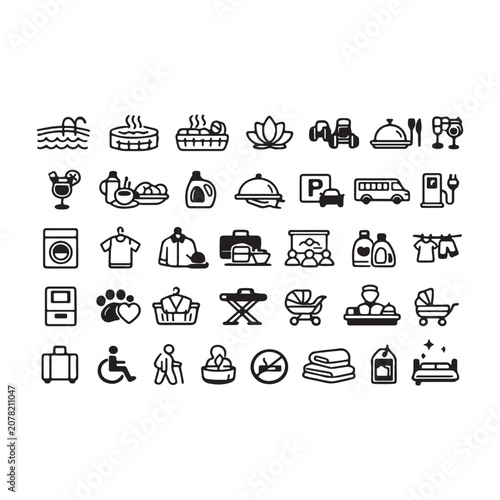 Premium Hotel Services and Hospitality Line Icons Set – Spa, Restaurant, Laundry, Accessibility, Room Service, Transportation, Wellness, Travel and Accommodation Vector Collection