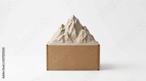 Sculpted clay mountain model emerging from a plain brown cardboard delivery box on white background