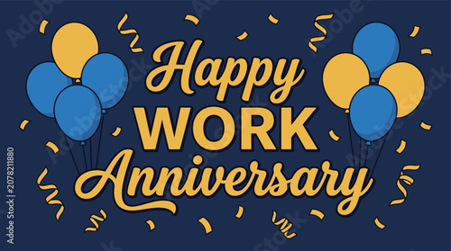 Happy Work Anniversary Celebration Banner with Blue and Gold Balloons on Dark Navy Background