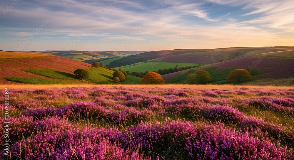 Naklejka premium Vast Lavender Field Landscape During Sunset with Rolling Hills.
