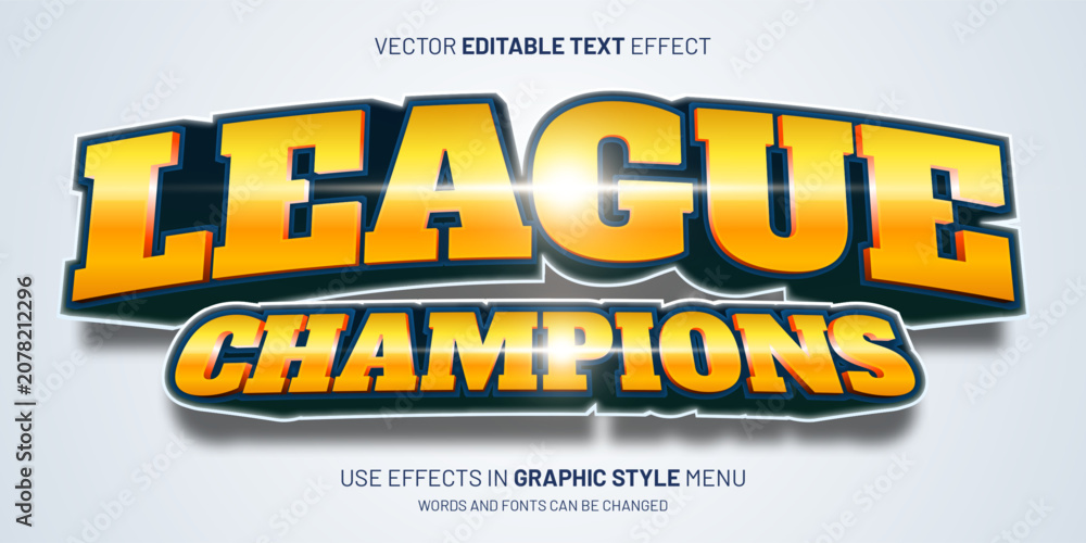 Obraz premium Golden 3D champions league text effect font. Bold football soccer winner tournament typography template vector design. Editable slot game esport match headline promotion banner.