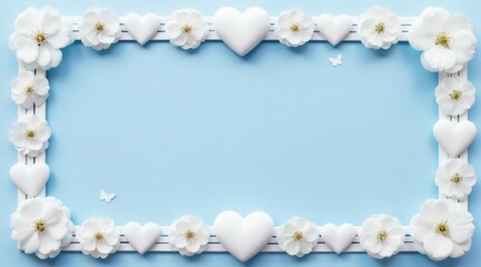 Flat lay floral frame sits on light blue backdrop. White flowers, hearts form decorative border. Butterflies add whimsical touch to design. Perfect for invites cards gifts project needing romantic