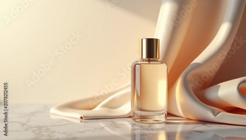 Elegant perfume bottle with silk fabric and copy space