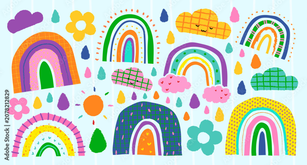 Fototapeta premium Colorful vector of rainbows, clouds, and flowers with playful patterns and textures.