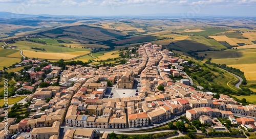 Aerial View of Historic Town with Rolling Countryside.