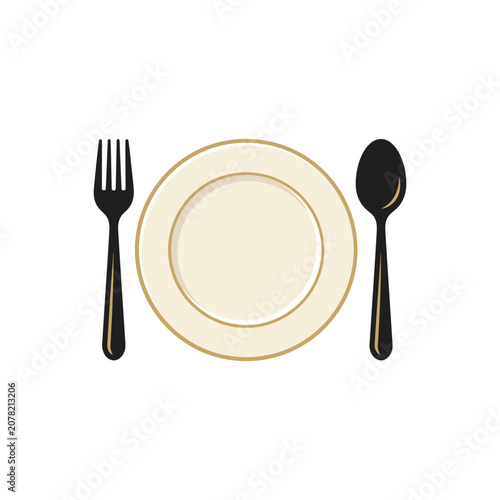 Simple dining icon featuring plate fork and spoon.
