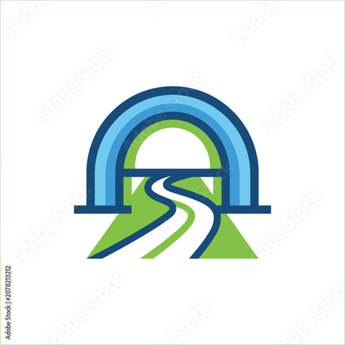Minimalist blue arch and green path way logo.