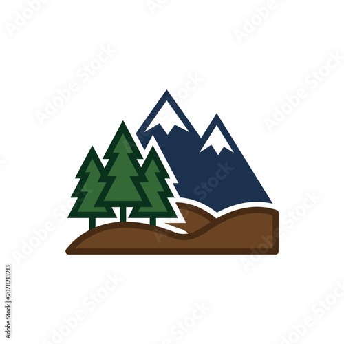 Illustrated outdoor landscape with mountains and pine trees.