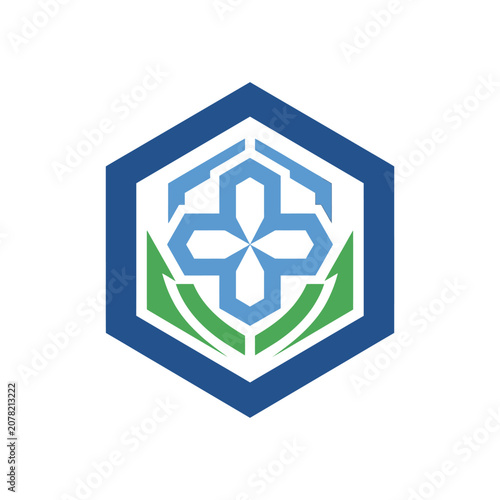 Blue hexagon healthcare shield with green cross symbol.