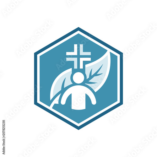 Blue medical icon with person, leaf, and cross.