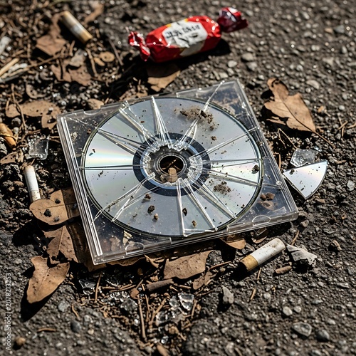 Broken Clock on Ground Surrounded by Debris and Leaves.