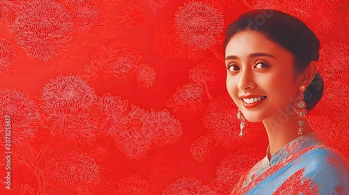 Smiling South Asian Woman with Red Background