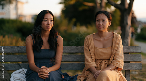 Two Filipino women who were once inseparable sitting on opposite ends of a park bench in silence, golden hour light splitting evenly between them, aftermath of a friendship