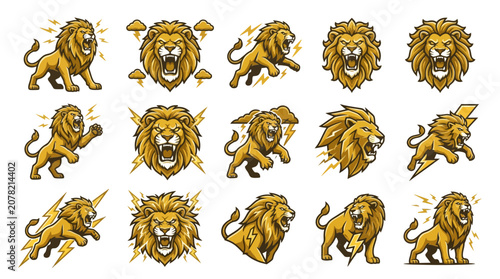 Fotografia Golden lion action pose mascot character collection.