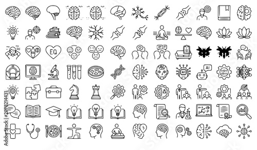 Neuroscience and Brain Outline Icon Collection Vector with Psychology Learning Artificial Intelligence and Mental Wellness Symbols