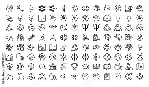 Brain Psychology and Artificial Intelligence Icon Pack Vector with Editable Stroke Medical Neuroscience and Cognitive Symbols