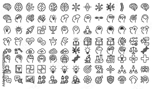 Brain Line Editable Icon Set Vector Collection with Neuroscience Psychology Artificial Intelligence Mental Health and Cognitive Symbols