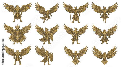 Tableau sur toile Golden winged warrior characters in heroic poses.