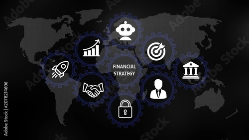 Financial strategy for Business and Finance Concept. Rotating gear mechanism process settings icon animation. Technology, Internet and network concept on world background. 4k video