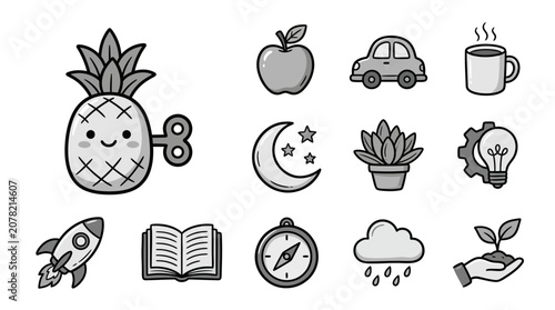 Fotografie Gray line art icons of wind-up objects and nature.