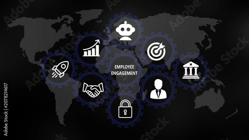Employee engagement for Business and Finance Concept. Rotating gear mechanism process settings icon animation. Technology, Internet and network concept on world background. 4k video