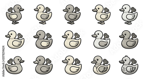 Obraz na plátně Grayscale clockwork duckling illustrations with mechanical wind-up keys