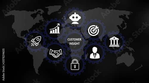 Customer insight for Business and Finance Concept. Rotating gear mechanism process settings icon animation. Technology, Internet and network concept on world background. 4k video