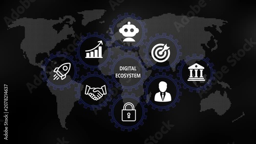 Digital ecosystem for Business and Finance Concept. Rotating gear mechanism process settings icon animation. Technology, Internet and network concept on world background. 4k video