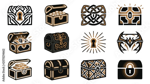 Canvastavla Glowing magic treasure chest icons for fantasy games.
