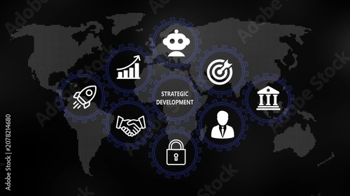 strategic development for Business and Finance Concept. Rotating gear mechanism process settings icon animation. Technology, Internet and network concept on world background. 4k video