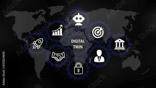 Digital twin for Business and Finance Concept. Rotating gear mechanism process settings icon animation. Technology, Internet and network concept on world background. 4k video