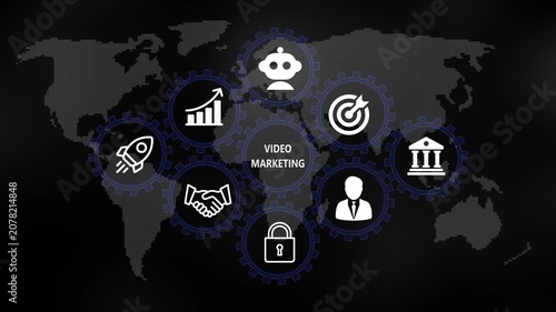 Video marketing for Business and Finance Concept. Rotating gear mechanism process settings icon animation. Technology, Internet and network concept on world background. 4k video
